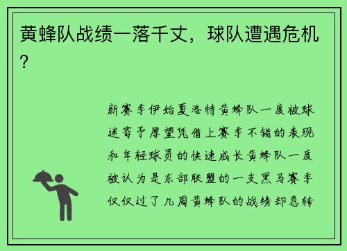 黄蜂队战绩一落千丈，球队遭遇危机？